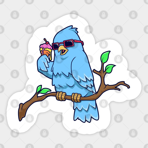 Cool bird on branch eating ice cream cone Sticker by Modern Medieval Design